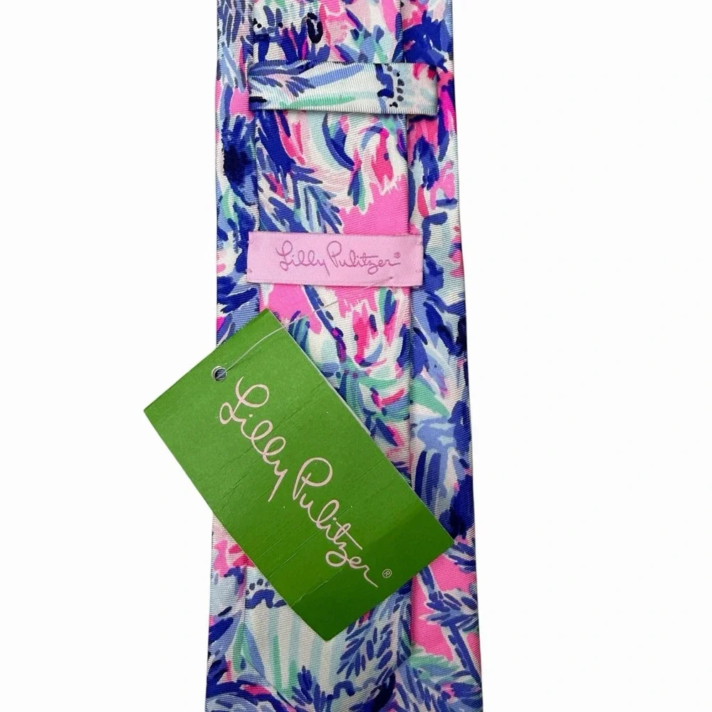 Lilly Pulitzer NEW Tie Naples Beach Floral Palms Pink/Blue Silk 3 3/8